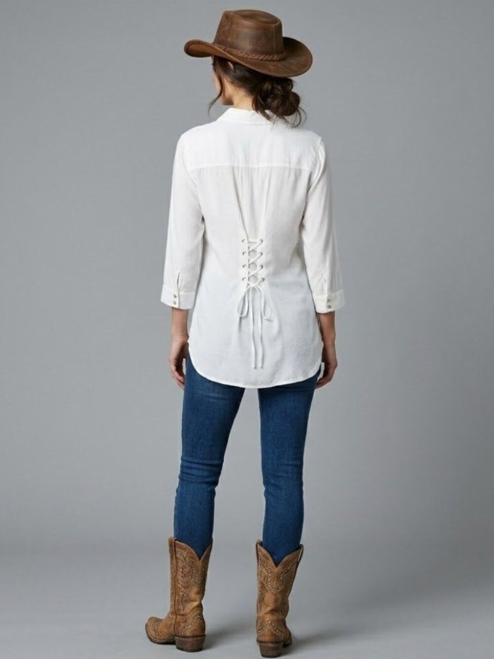 Bandolino Blu  White Button-Up Tunic Blouse Lace-Up Back Size XL Cotton